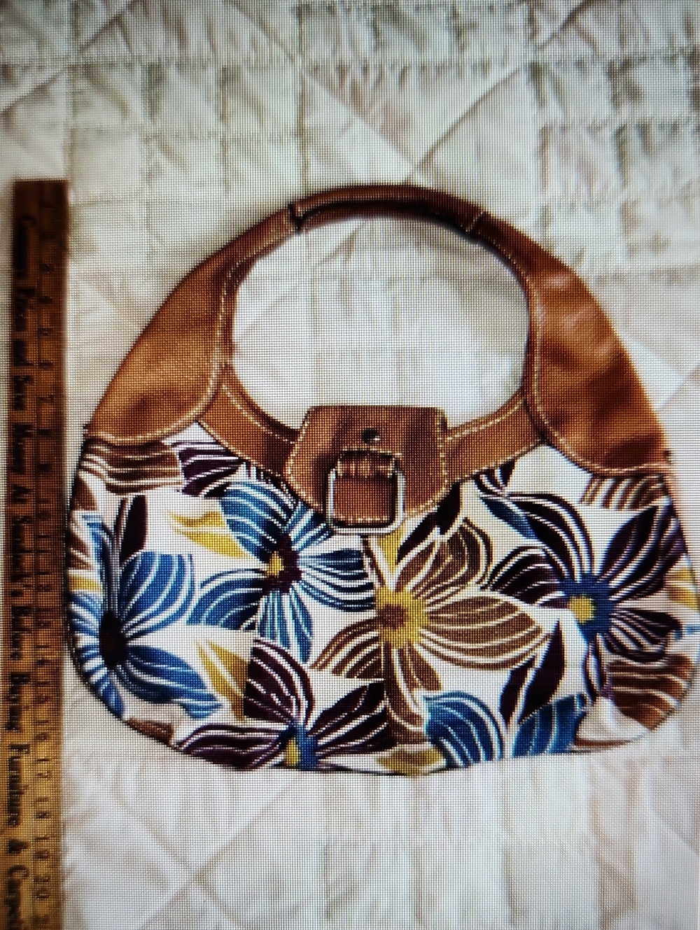 Fossil Floral Canvas Shoulder Bag with Tan Leather Trim Ex
